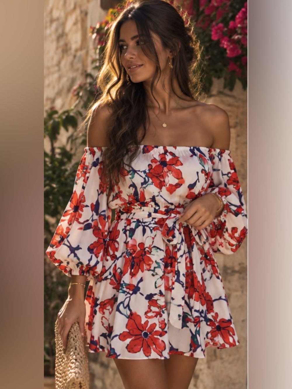 Lulus Floral Off Shoulder lantern sleeve belted Mini Dress in a Red Ivory